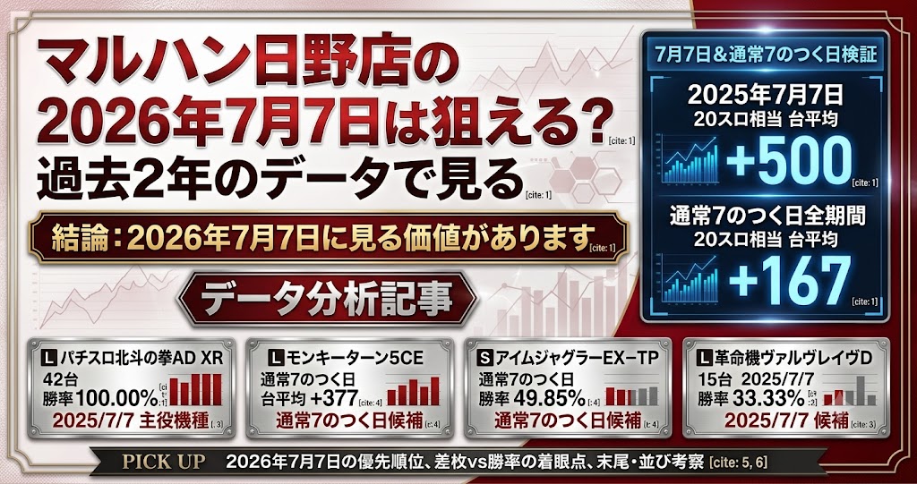 マルハン日野店 2026年7月7日データ分析記事のアイキャッチ画像