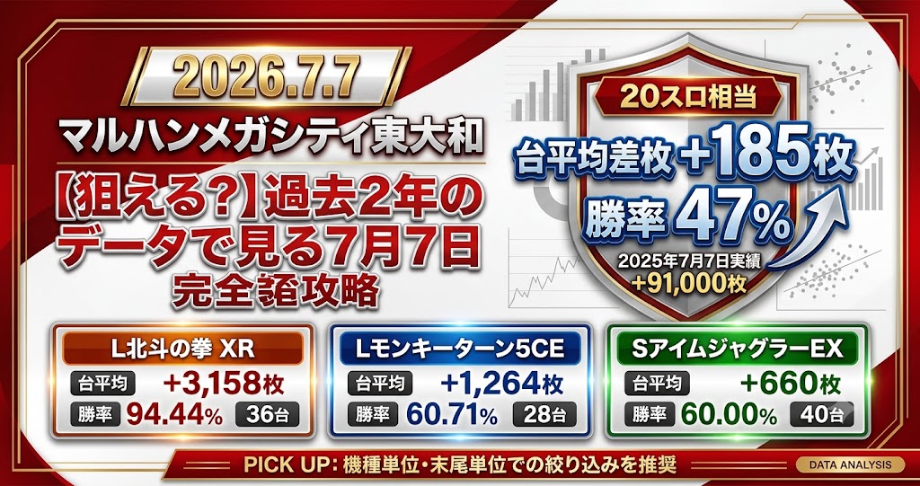 マルハンメガシティ東大和店の2026年7月7日データ分析記事アイキャッチ